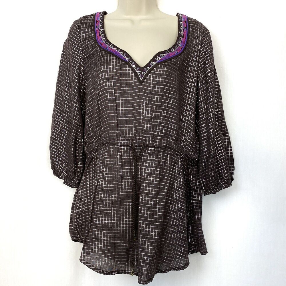 Y2K Free People Boho Tunic Top M Sequin Brown Silver Check‎ Tassel Bell Trim VTG